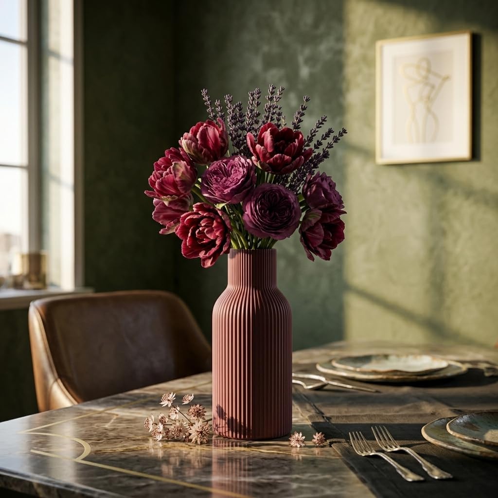 Colorful Ceramic Vases Set of 3, Matte Vertical Ribbed, Minimalist for Pampas Grass &Fresh Flowers, Centerpiece for Living Room,Shelf,Wedding (Mustard Yellow, Dusty Gray, Burgundy)