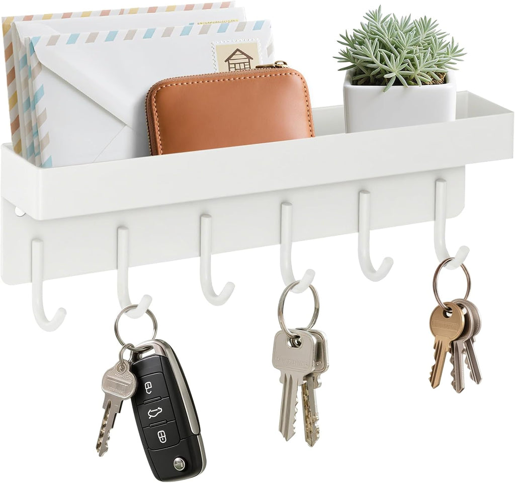 Magnetic Key Holder Wall Mount, Small Key Rack with Tray, White