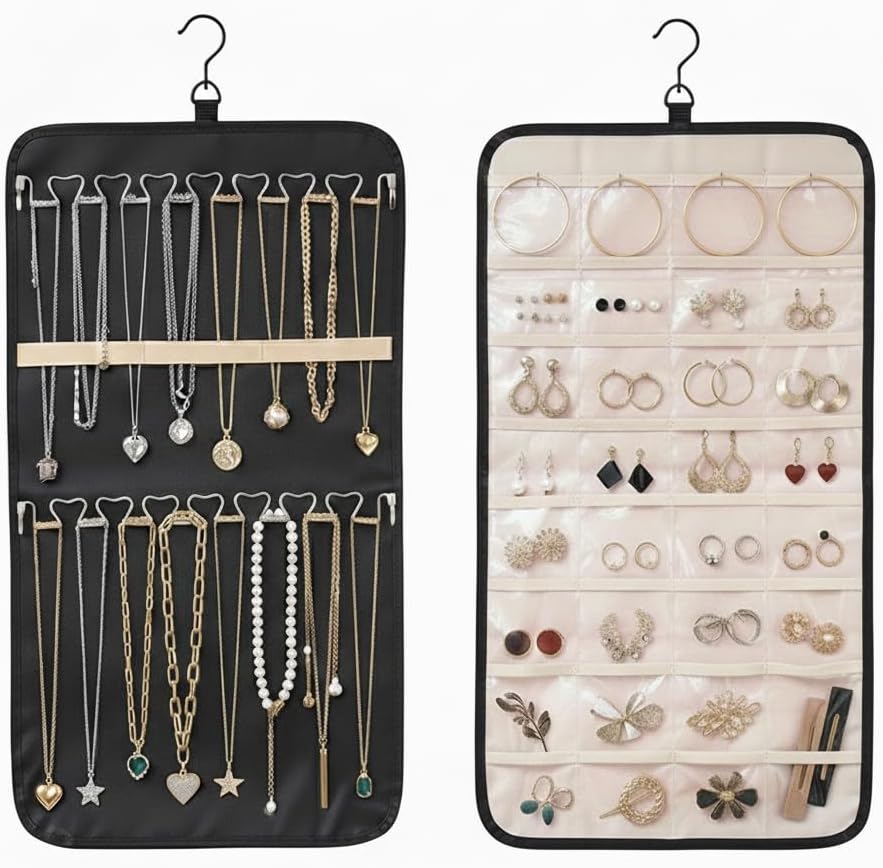 Hanging Jewelry Organizer, Dual-Sided Necklace Holder with Multiple Clear Pockets - Wall Mount & Over The Door Closet Storage for Earrings, Rings, Bracelets - 360° Rotating Hanger (1, Black, M)