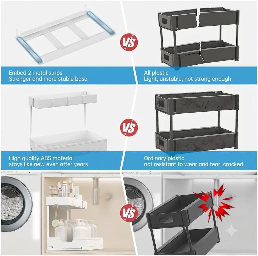NATURE'S SOURCE 2-Tier Under Sink Organizers and Storage 2 Pack Sliding L-shape Under Cabinet Organizers For Narrow Space Multi-purpose Sink Organizer for Bathroom Kitchen Drawer(White 2 Pack)