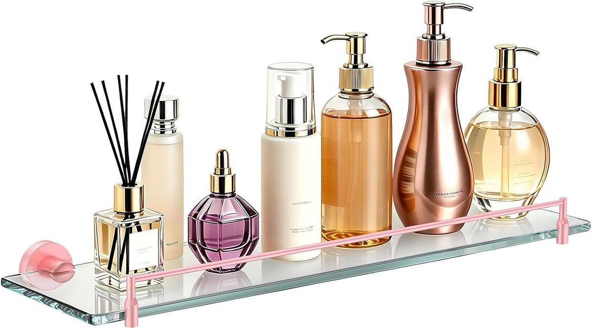 20-Inch Pink Glass Bathroom Shelf with Stainless Steel Railing