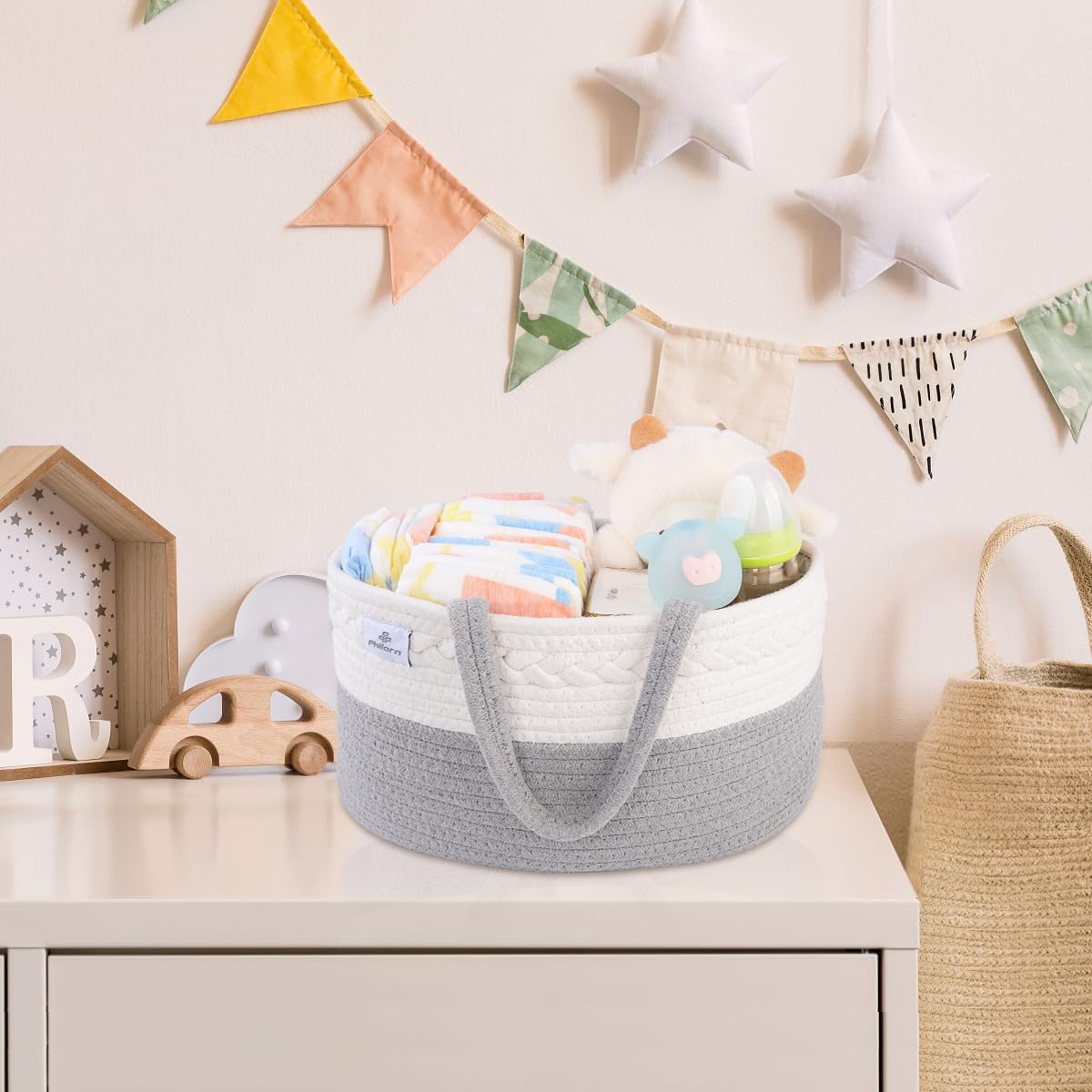 PHILORN Diaper Caddy Organizer, Cotton Rope Diaper Caddy Basket