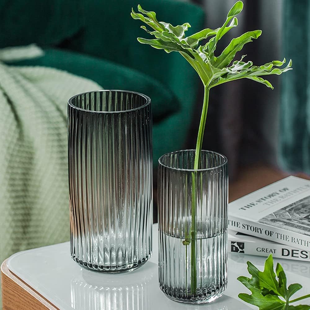 Muyan 9.8" Flower Vase for Decor Ribbed Glass Vase Modern for Centerpieces Desktop Home Office Dining Living Room Wedding (Gray)