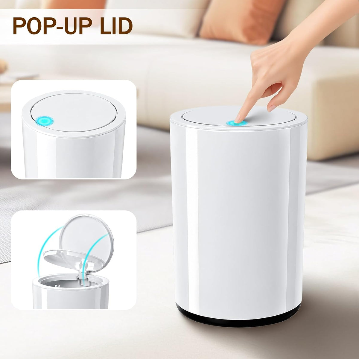 Small Bathroom Trash Can with Lid, 2.1 Gallon Plastic Garbage Can White