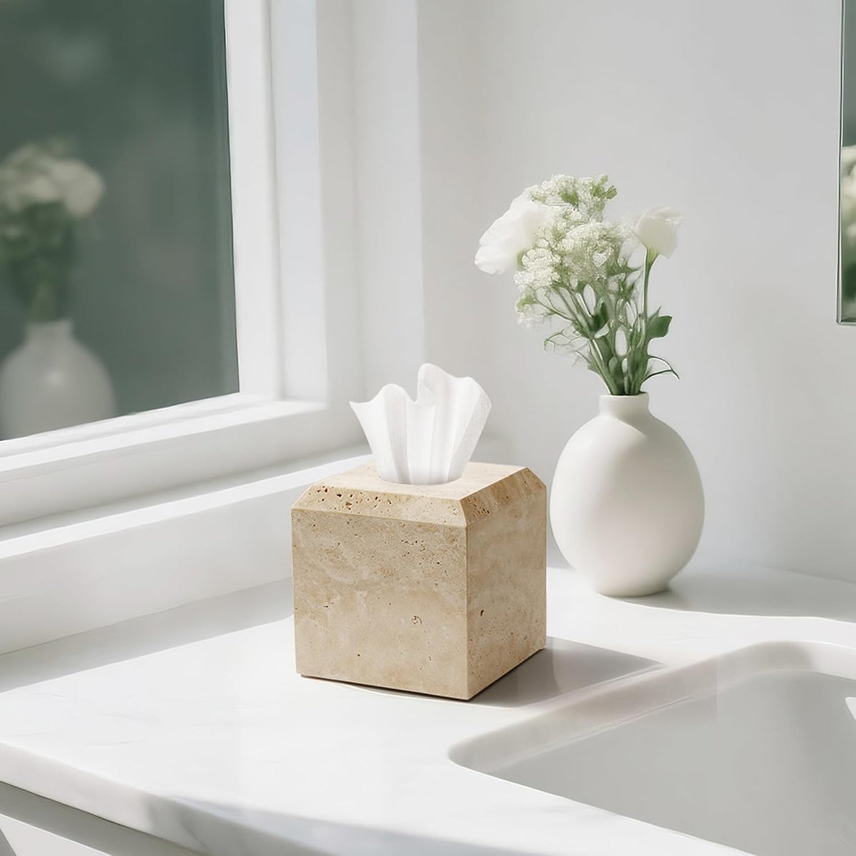 Tissue Box Cover Italy Natural Travertine Stone Heavy Duty Square Facial Toilet Paper Holder for Bathroom Living Room Bedroom Dresser Kitchen Minimalistic Office Home Decor Beige (TBC145WT)