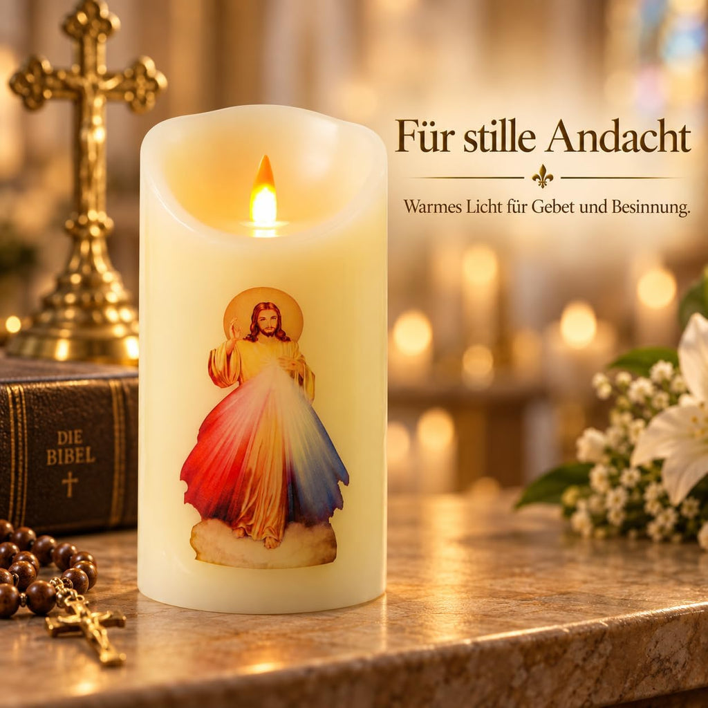 QQFCTOO LED Prayer Flameless Candle with Remote Timer, Battery Powered Candle, Religious Candle, Real Wax, for Home Altar, Church, Devotional,6" x 3.2"（Jesus