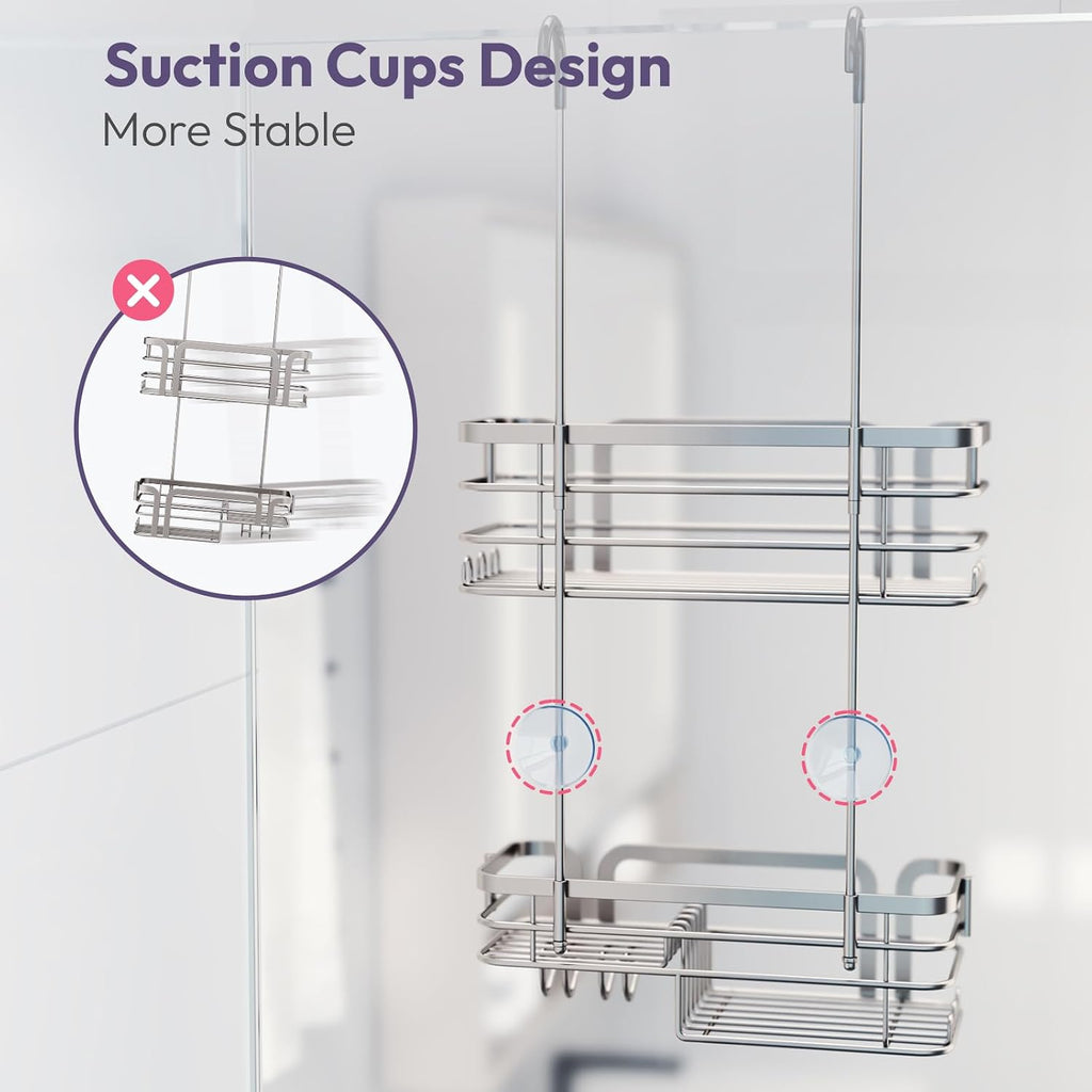 SWTYMIKI Shower Caddy Hanging Organizer - Over the Door Shower Caddy with Soap Holder, 11 Hooks, 2 Installation Ways, Stainless Steel Rustproof Bathroom Organizer, Sand Nickel