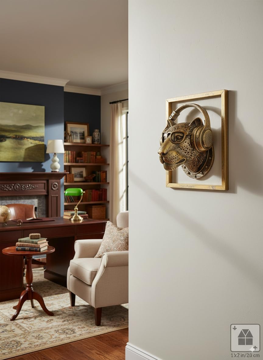 JJALIGHTS Exquisite Resin Animal Head Wall Sculpture (Gift Metal Frame) - Imitation Copper Vintage Decor for Living Room, Bedroom & Office | Decorative Wall Hanging Art (Leopard)