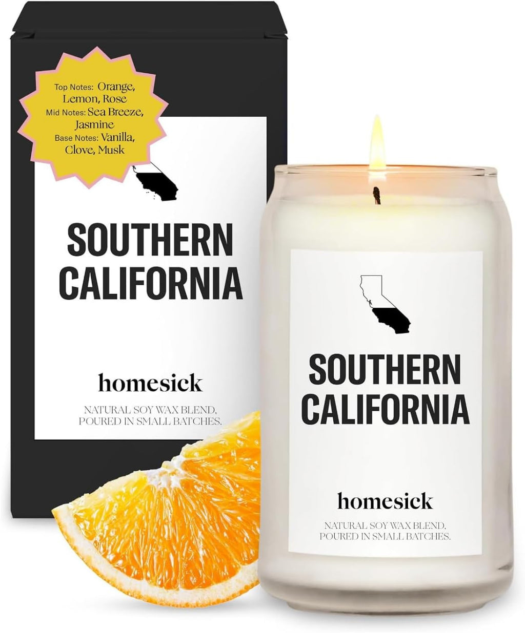 Homesick Scented Candles for Home (Southern California) - 13.75 oz Long-Lasting Soy Wax Jar Candle for Women & Men for All Occasions, 60-80 Hours Burn Time - Notes of Orange, Lemon & Rose