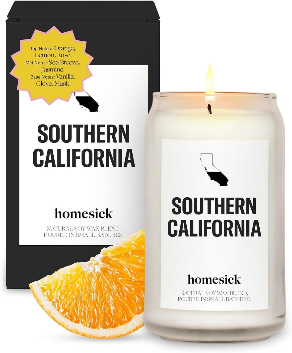 Homesick Scented Candles for Home (Southern California) - 13.75 oz Long-Lasting Soy Wax Jar Candle for Women & Men for All Occasions, 60-80 Hours Burn Time - Notes of Orange, Lemon & Rose