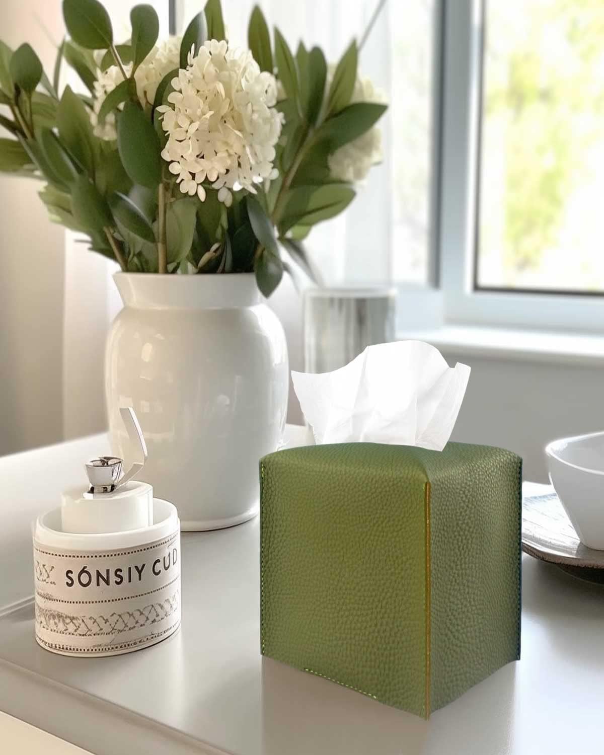 Green Tissue Box Cover Square – with Bottom Belt [JESMINI, ] PU Leather Green Tissue Box Holder Decorative for Bathroom Vanity Countertop/Night Stands/Office Desk, 5x5x5