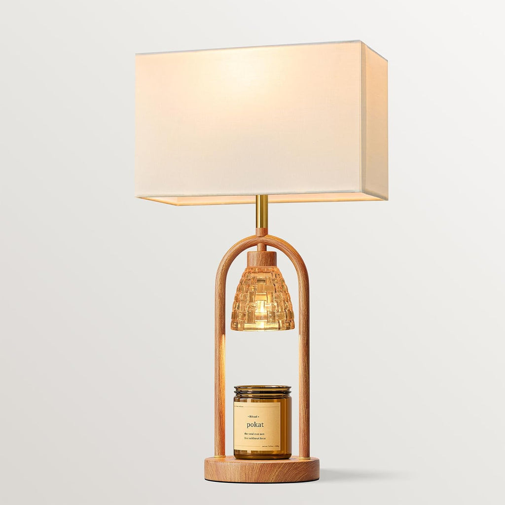 PoKat 22'' Farmhouse Table Lamp with Candle Warmer for Bedroom, Wood-Like