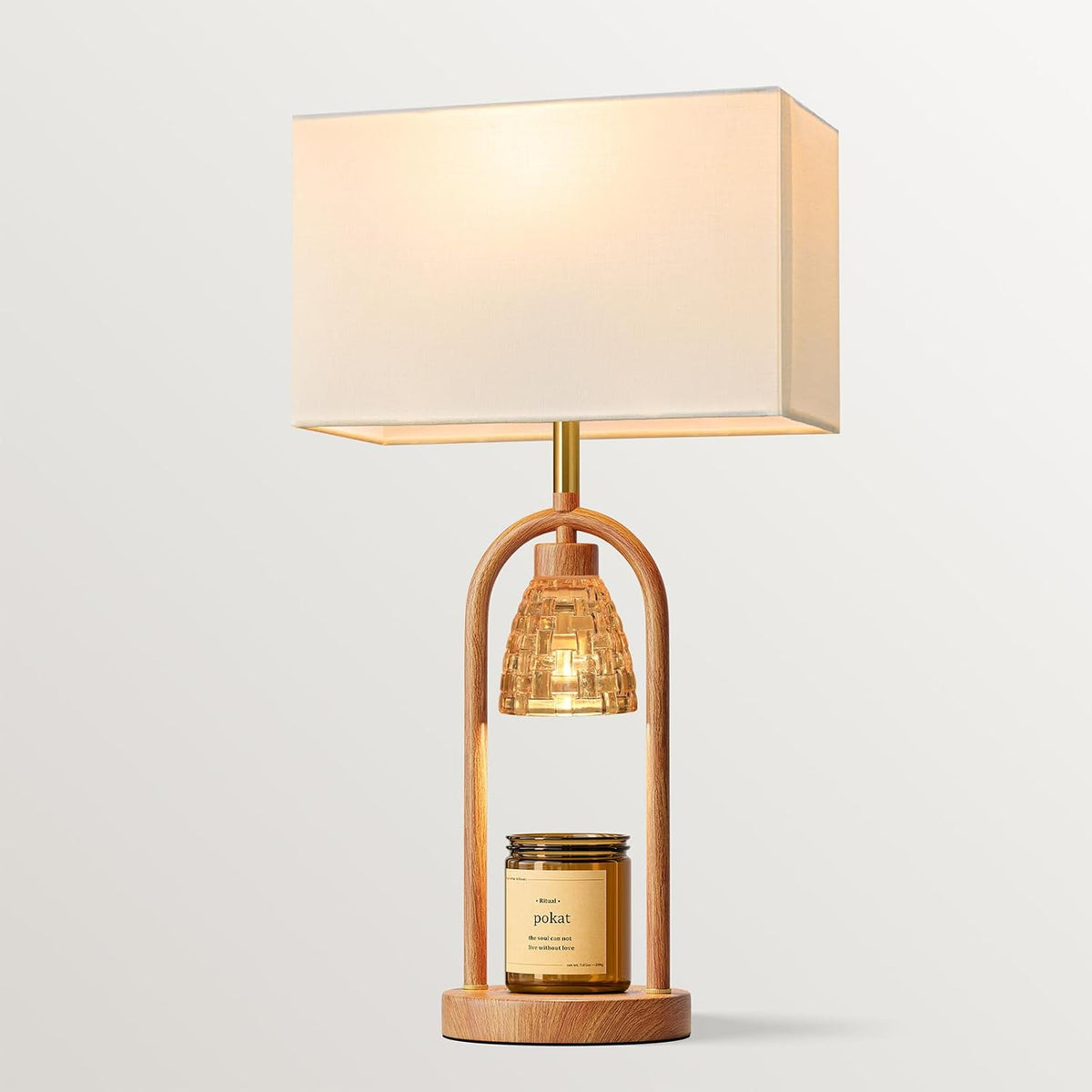 PoKat 22'' Farmhouse Table Lamp with Candle Warmer for Bedroom, Wood-Like
