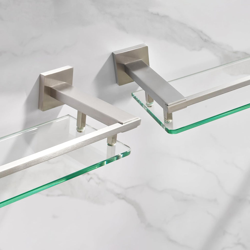 LANC Bathroom Shelves Glass Shelf 20-Inch Brushed Nickel Floating Tempered Glass Shelf Rectangular Modern Stainless Steel Wall Mount Shelves for Shower Bathroom Kitchen Organizers Accessories，A7613BN