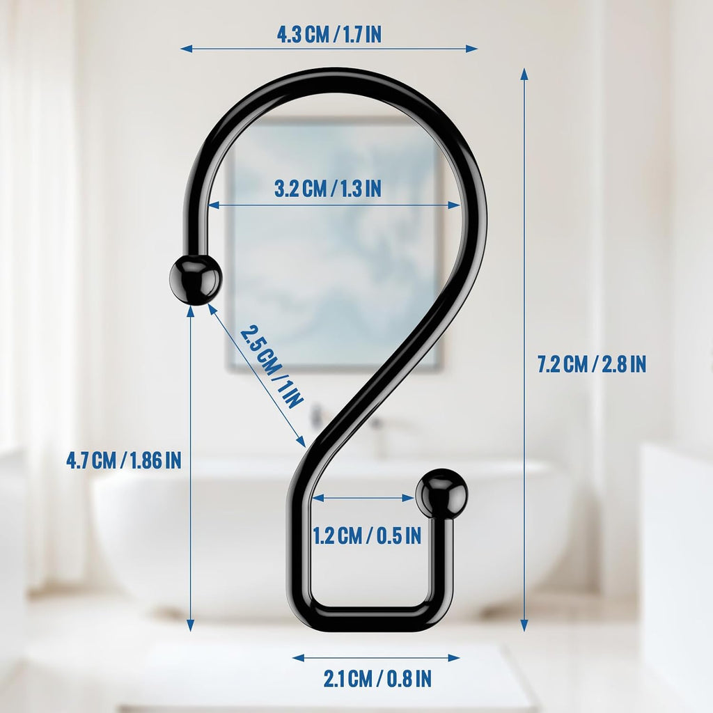 Goowin Metal Black Shower Curtain Hooks Rings, S Shape Metal Shower Curtain Rings Rust Proof Shower Curtain Hangers, Heavy-Duty Multi-Functional Shower Hooks for Shower Curtain, Black, 12 Pack