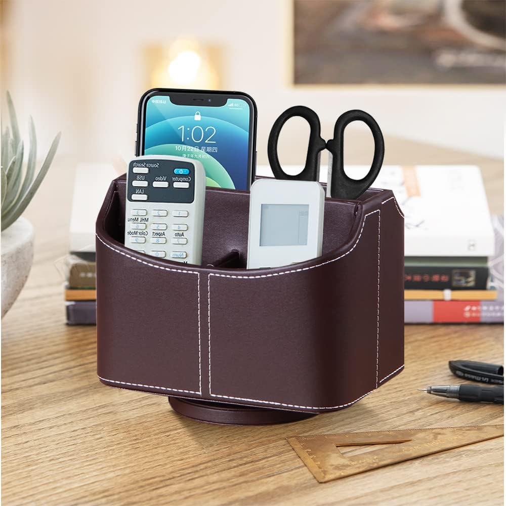 360° Rotating Remote Control Holder, PU Leather TV Remote Caddy, Pen Holder