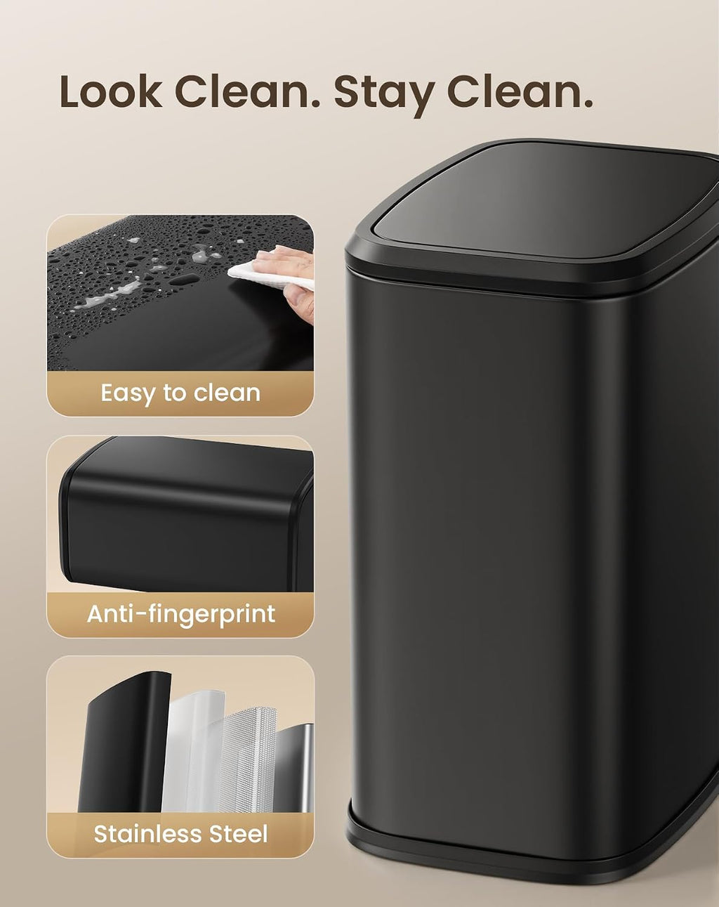 Cesun Small Bathroom Trash Can with Swing Lid, 2.1 Gallons, Black