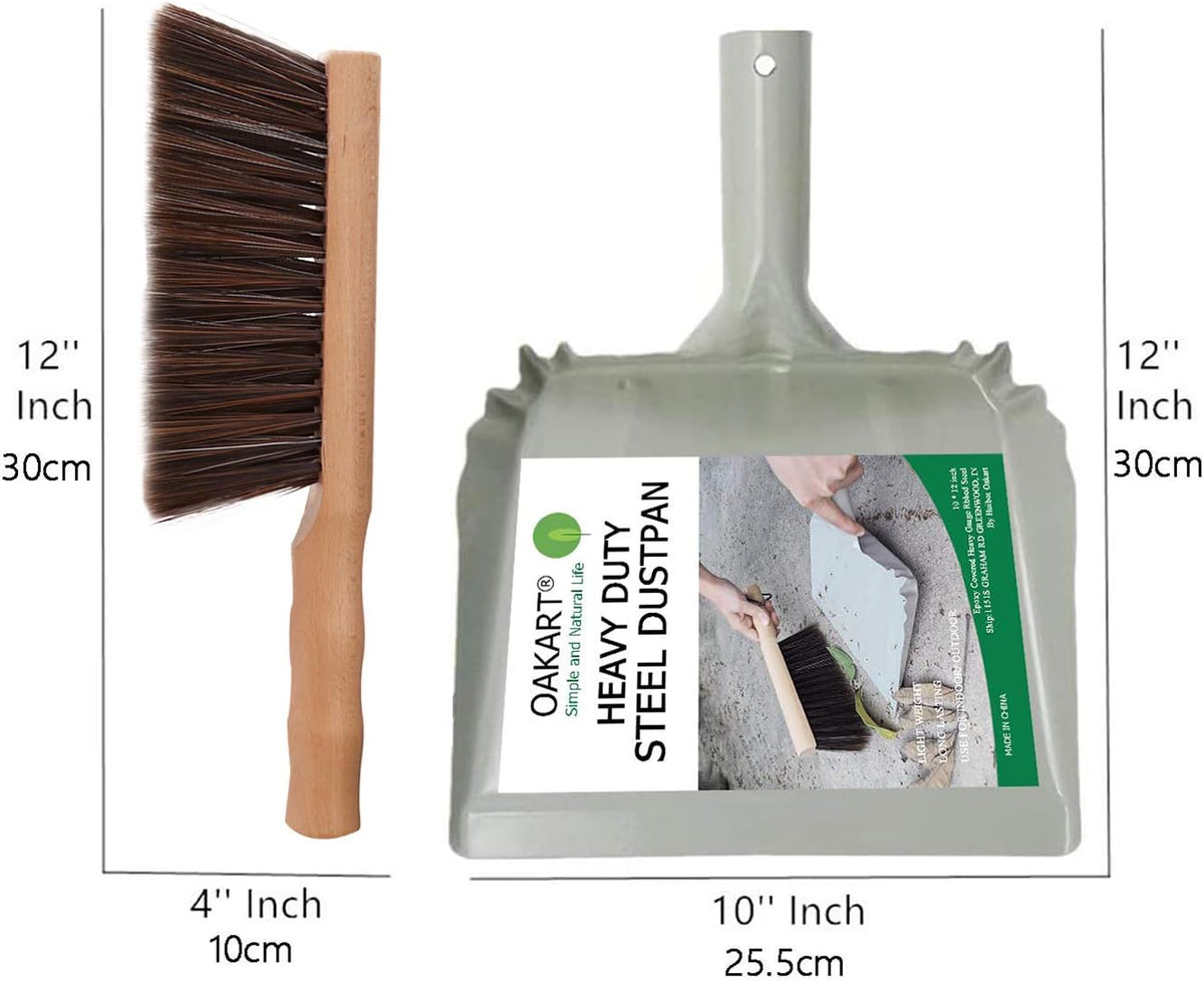 Metal Dust Pan and Brush Set Heavy Duty for Fireplace Garage Shop 9" Wide