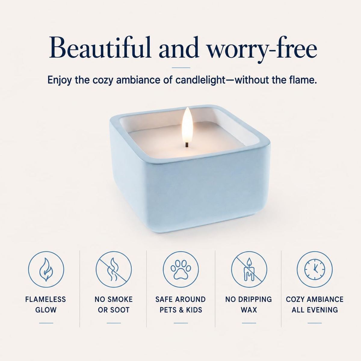 Flameless Candle - Square LED Candle with Real Wax in a Cement Base | Battery Operated, 500+ Hours | Housewarming Gift, Home Décor, Bathroom, Coffee Table (Blue)