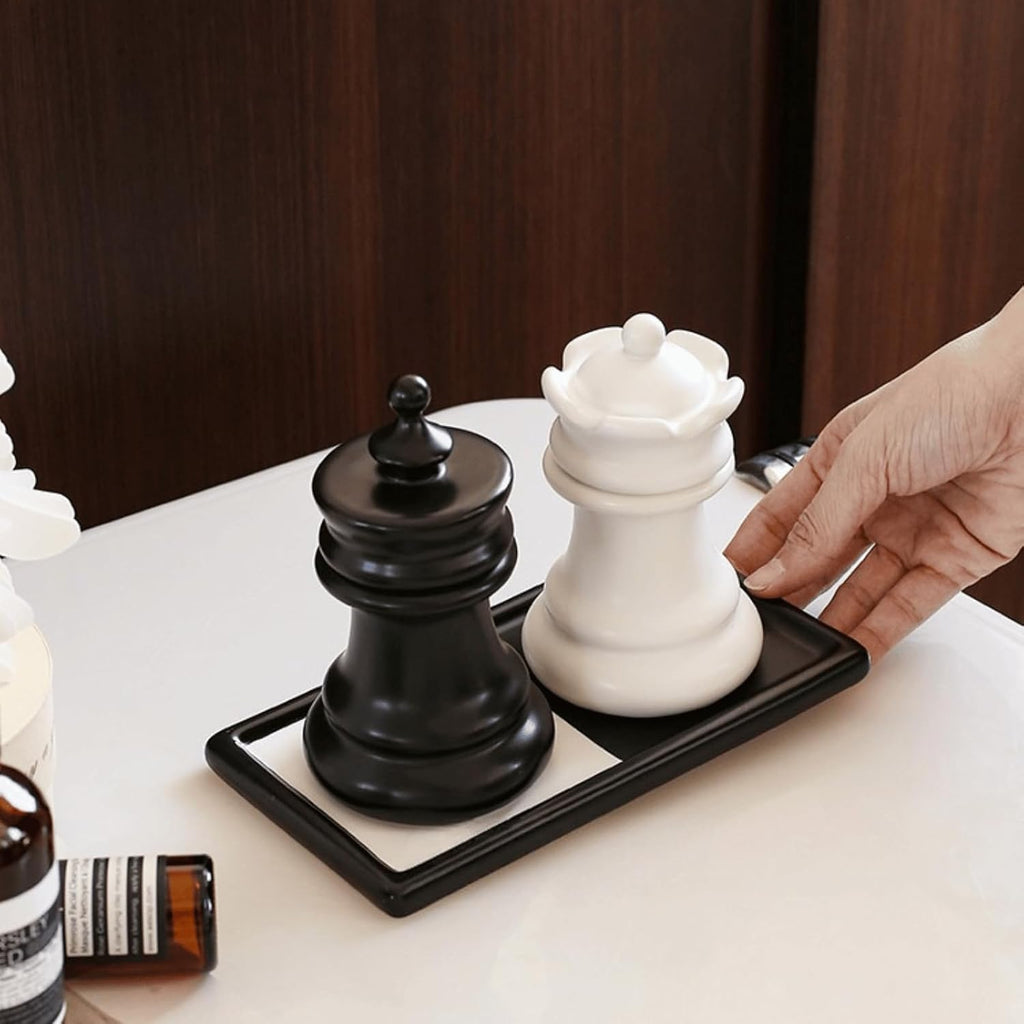 Ceramic Chess Qtip Holder Set, King & Queen Storage Jars