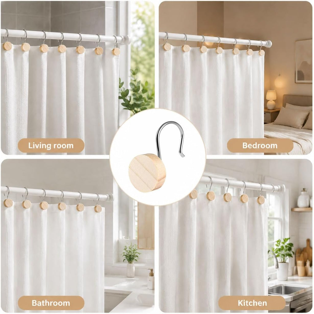 Wood Shower Curtain Hooks with Silvery Metal Rings, Set of 12 Decorative Hardware for Bathroom Rods