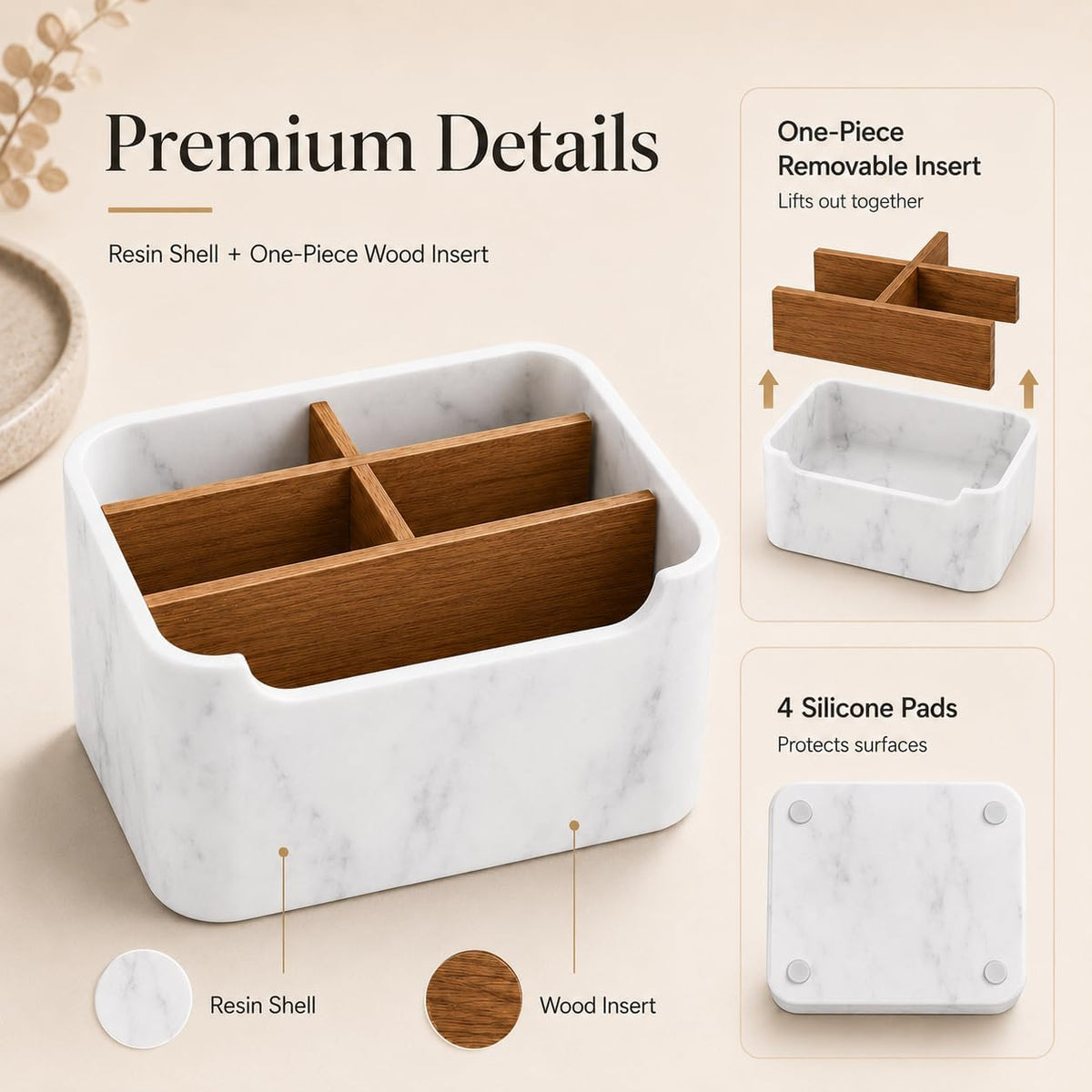 Remote Control Holder, Desk Organizer with Removable Dividers,White