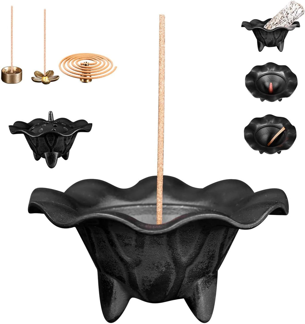 AIMITOFO Cast Iron Incense Burner - 4 in 1 Incense Burner Holder Set - Lotus Leaf Shape Ash Catcher with Lid for Ritual Purpose, Decor, Etc...
