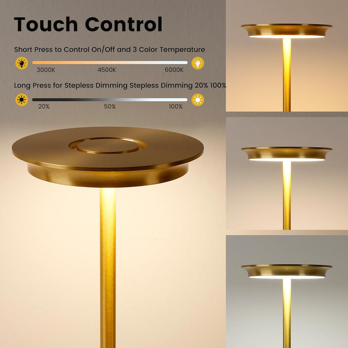 LED Rechargeable Cordless Table Lamp Battery Operated Light Set of 2 Gold
