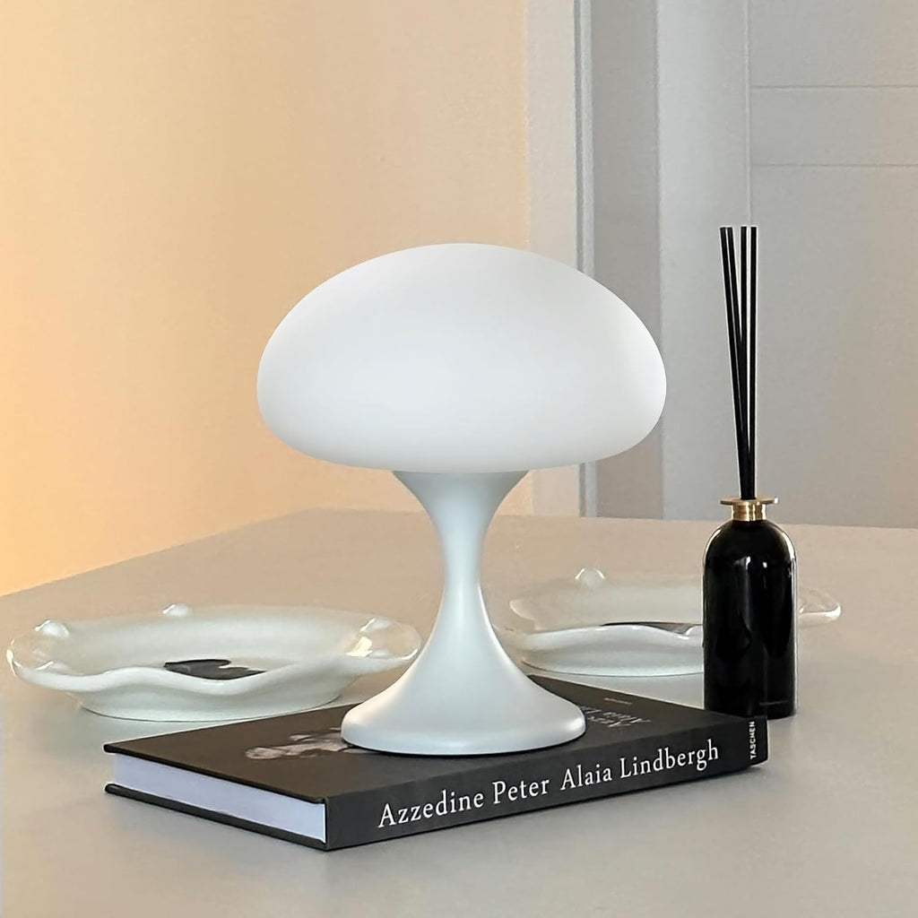 MAGCHARM Mushroom Lamp, 5W LED Cordless Rechargeable Table Lamp with Glass Shade, Small Retro Dimmable Touch Light with 3 Color Temps, Aesthetic Mid Century Bedside Light for Bedroom Ambient, White