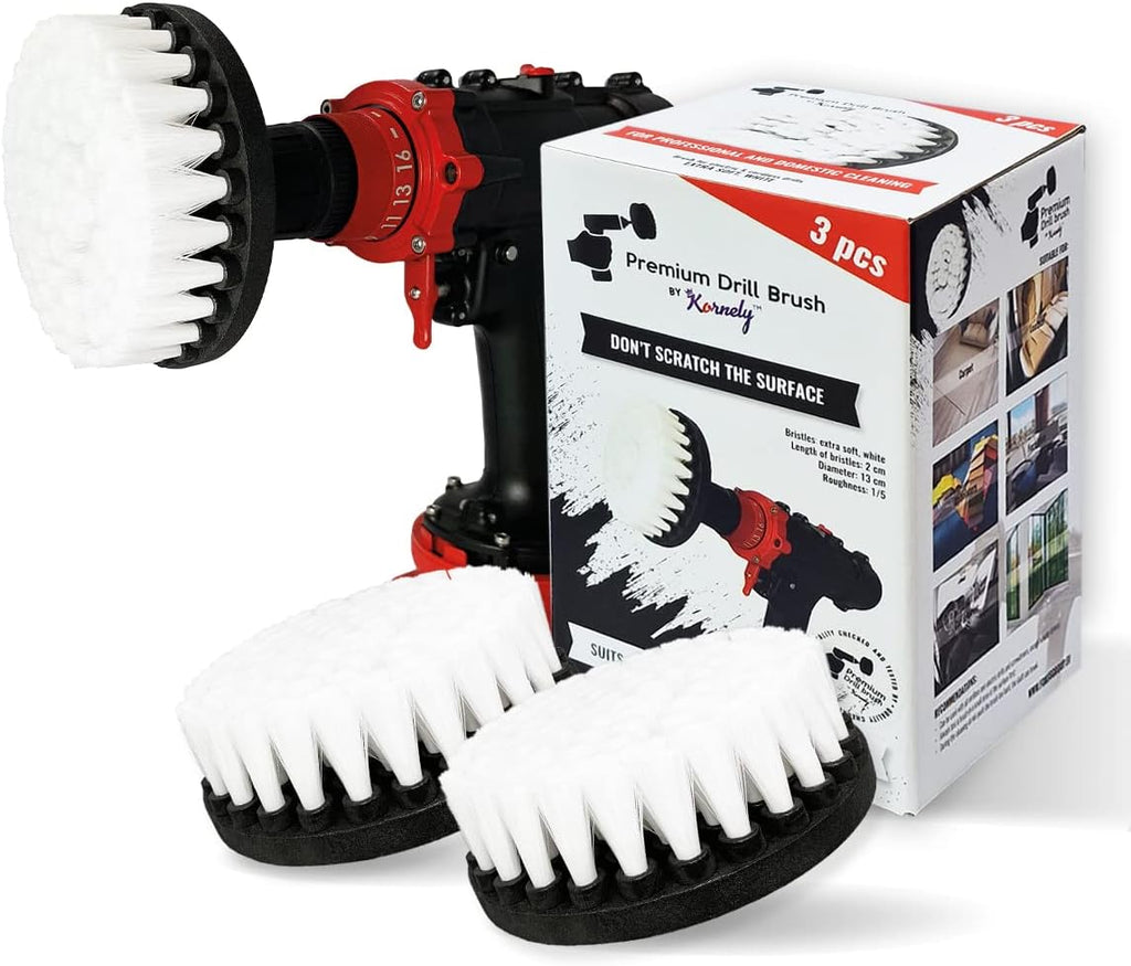 Premium Drill Brush Professional – Extra-Soft 5 in White Set of 3 | Scratch-Free Cleaning Brush for Carpet, Upholstery, Leather Seats, Glass, Furniture and Car Interior
