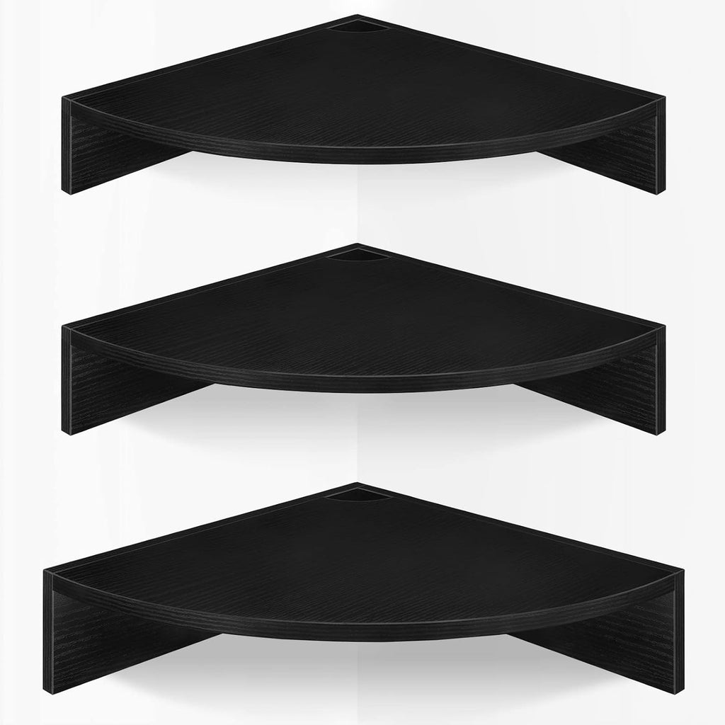Homode Corner Floating Shelves, Set of 3 Corner Shelves Wall Mounted with Cable Hole, 3 Tier Wooden Hanging Corner Storage Shelf for Bedroom, Living Room, Kitchen, Black