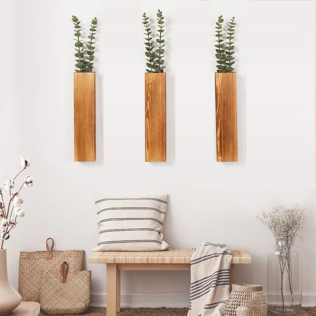 3 Pack Wood Wall Planters with Faux Eucalyptus Stems for Wall Decor