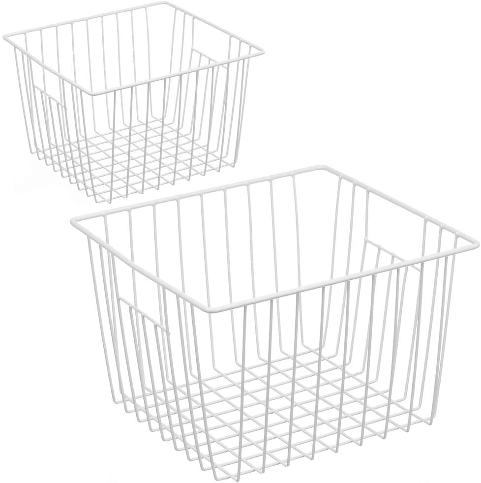 iPEGTOP Deep Refrigerator Freezer Baskets, Large Household Wire Storage Basket Bins Organizer with Handles for Kitchen, Pantry, Freezer, Cabinet, Closets, Pearl White, Set of 2