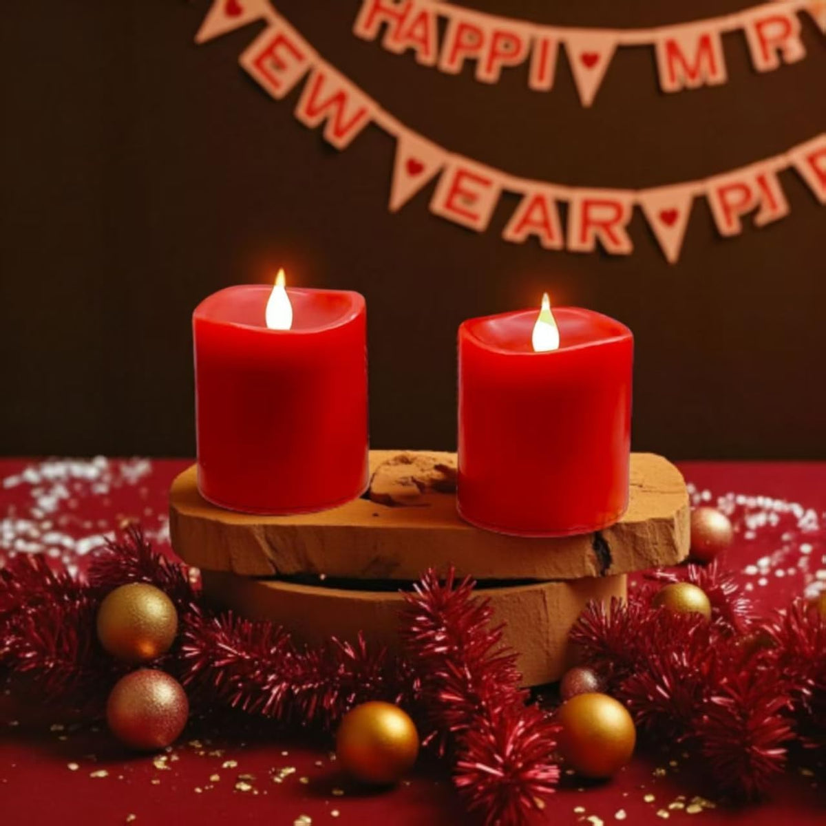 Red Flameless LED Candles 3 inch Diameter Real Wax 2AA Battery Operated 600hr+ Flickering Candles with Timer Remote Control for Halloween Thanksgiving Christmas Wedding Indoor (Red, 3″×3″- 2 PCS)