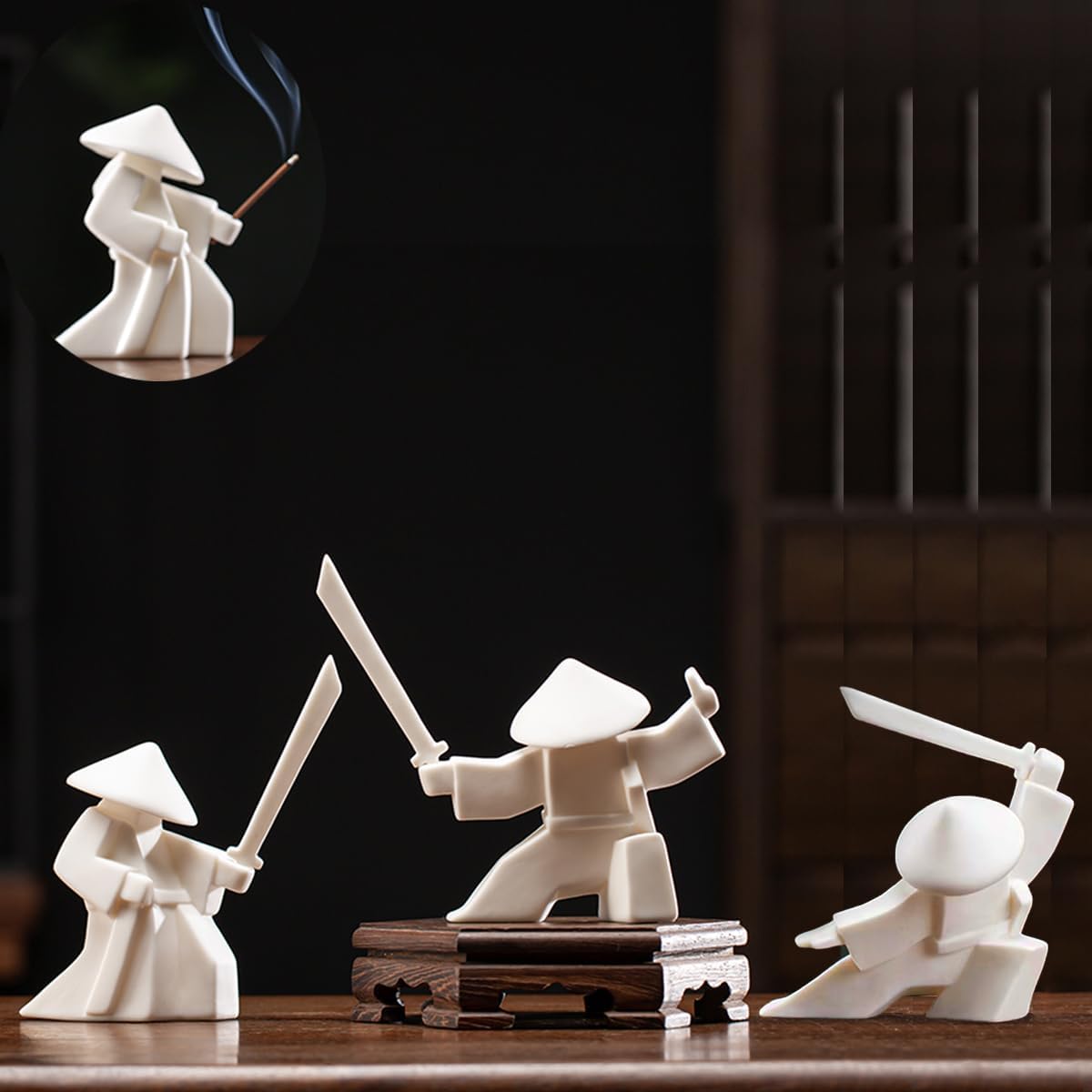 EAEMDY Samurai Figure Figurine Japanese Warrior Statue Decor for Table Room, Incense Holder for Stick Burner Incense Stick Holder, Kongfu Tea Pet Decoration (3. White A+B+C)