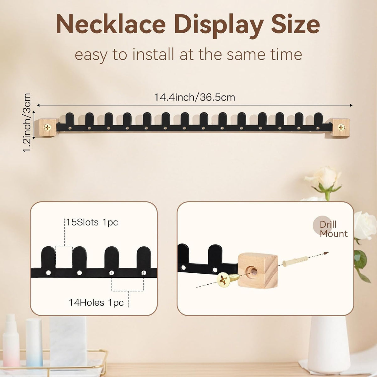 Wall Necklace Holder Hanging Jewelry Organizer 2 Pack Metal Necklace Organizer, Space-saving Jewelry Display for Necklaces & Earrings, Screws Included, Black