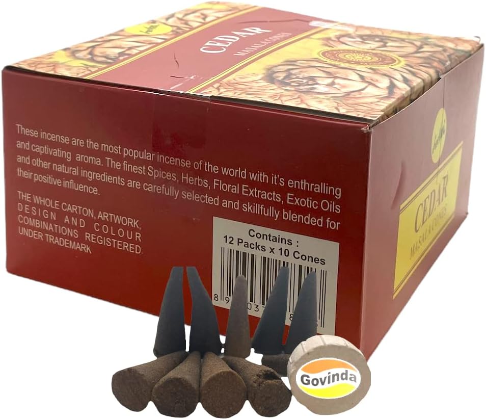 Sreevani Natural Masala Incense Cones and Holder Bundle, 120 Cones Total, Cedar
