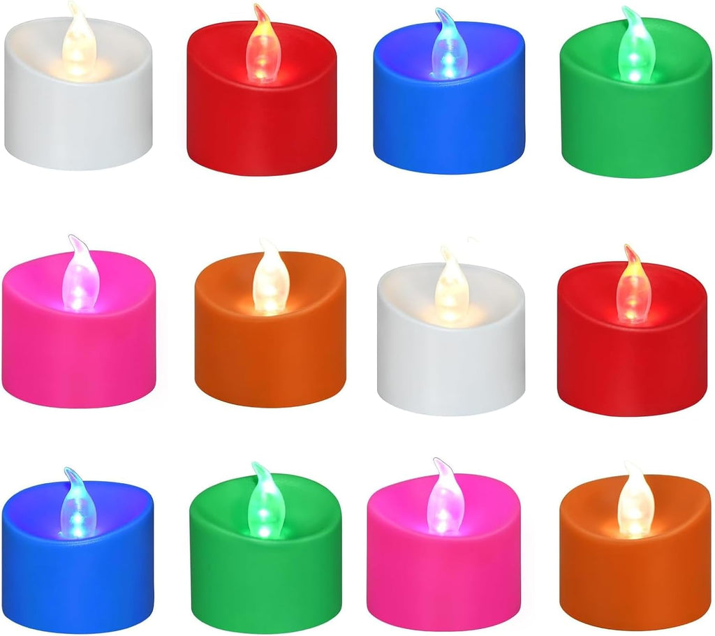 12 Pack Flickering LED Tea Lights, Last 100H+, Multi-Color Light for Décor