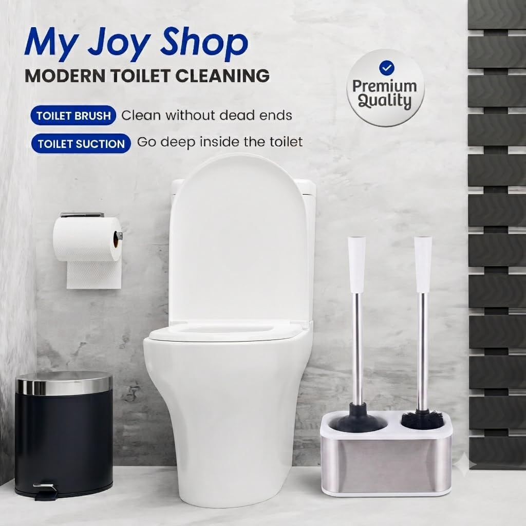 Stainless Steel Toilet Brush and Holder Set - Modern Toilet Brush and Plunger Set - Bathroom Essentials (White)