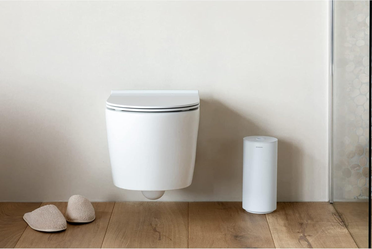 Brabantia Mindset Toilet Roll Dispenser (Mineral Fresh White) Anti-Rust, Discreet Bathroom Tissue Holder, 2 Spare Rolls (Ø 5.37") Wall-Mountable Tidy Storage