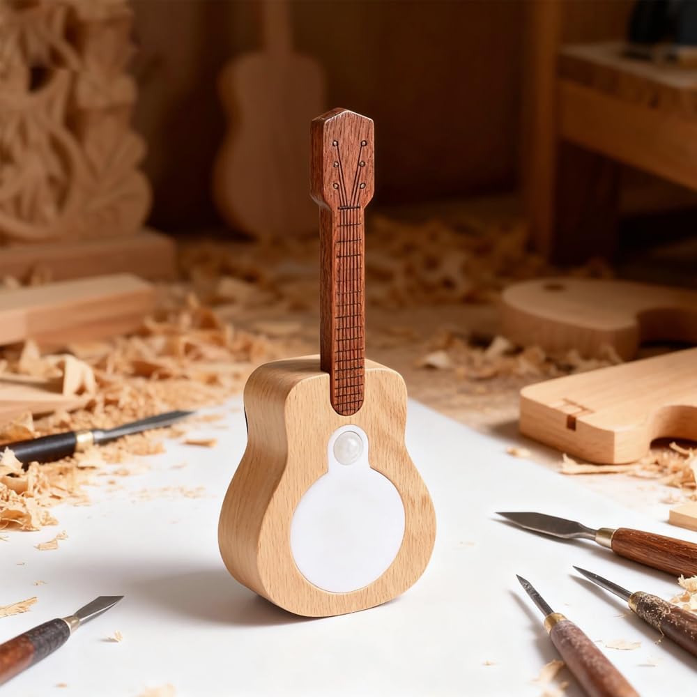Solid Wood Guitar Night Light Motion Sensor Rechargeable Magnetic LED Lamp