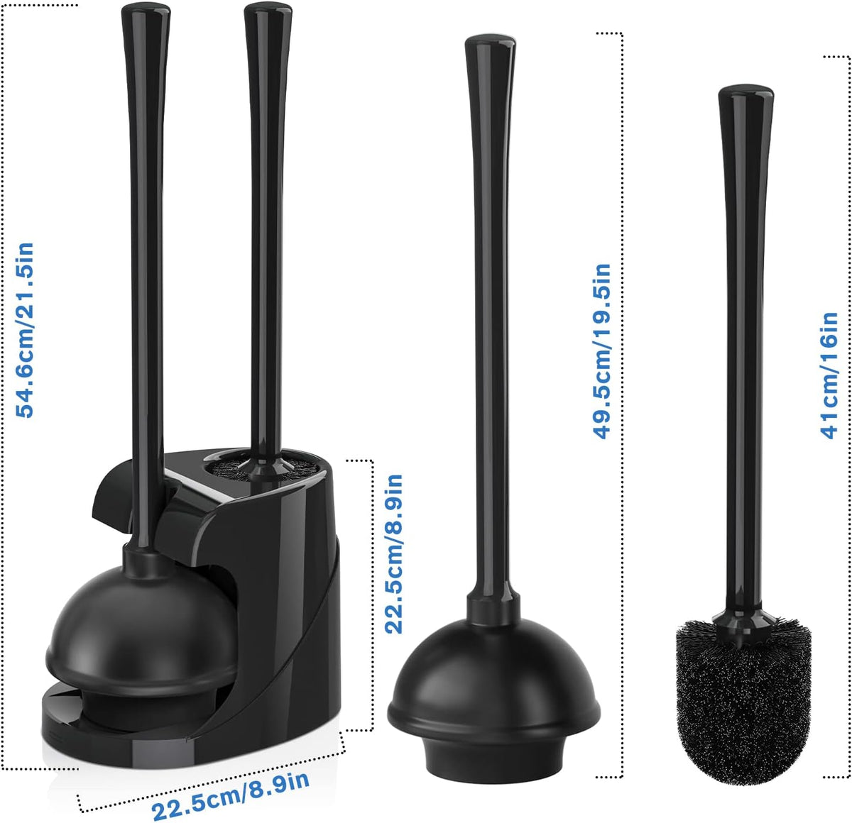 Toilet Plunger and Brush with Holder, Bowl Brush and Heavy Duty Toilet Plunger Set for 5.7-inch Toilet Drain, 2-in-1 Bathroom Cleaning Combo with Modern Caddy Stand (Black, 2 Set)