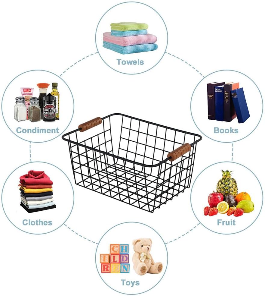 JUNCHU CHERRY Wire Kitchen Storage Basket with Wooden Handle 4 Packs,Black