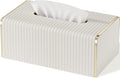Tissue Box Cover,White Rectangle Leather Tissue Box Holder with Gold-Tone Edging Decoration,Decorative Tissue Cover for Bathroom Toilet Bedroom Living Room Table Desk Office (White, Rectangle)