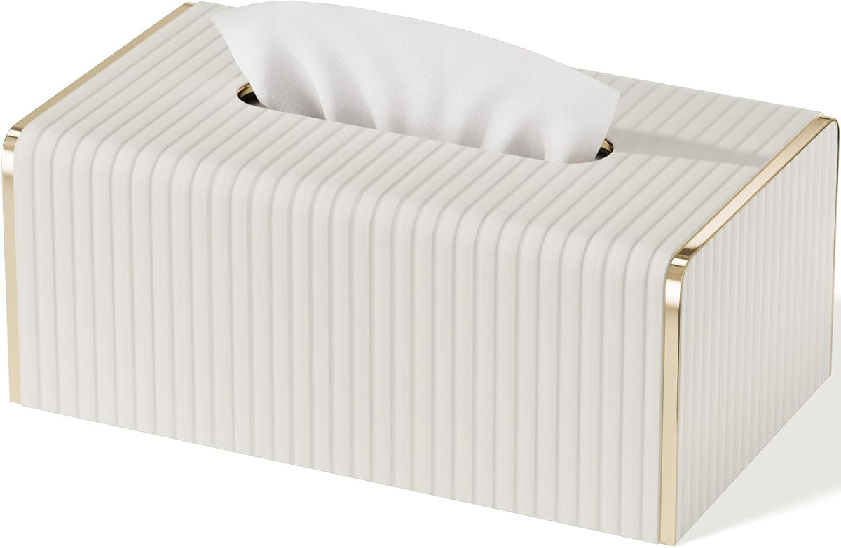 Tissue Box Cover,White Rectangle Leather Tissue Box Holder with Gold-Tone Edging Decoration,Decorative Tissue Cover for Bathroom Toilet Bedroom Living Room Table Desk Office (White, Rectangle)