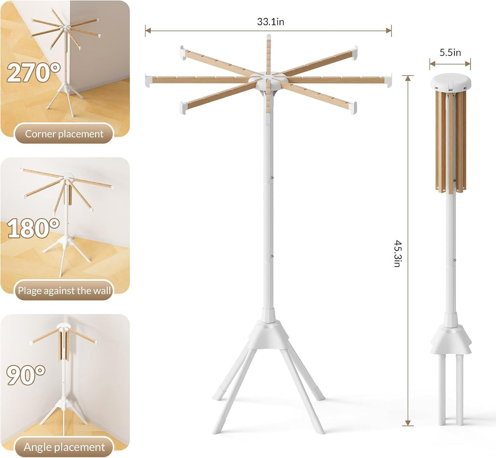 Wood Clothes Drying Rack, Foldable Collapsible Laundry Rack with 8 Adjustable Rods, Stable Space Saving Garment Organizer for Indoor Outdoor, Laundry Room, Bedroom, Bathroom, Balcony, RV, Camping