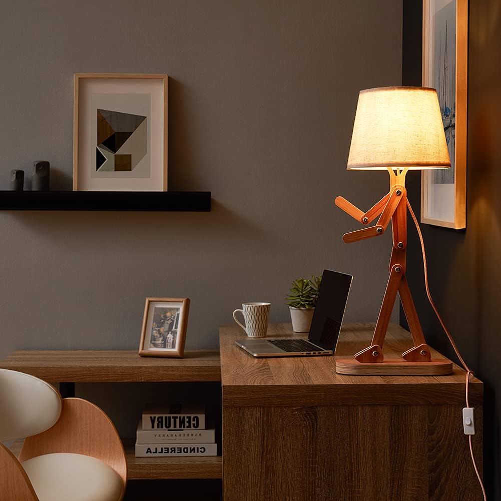 Cute Wood Table Lamp for Kids Room Bedroom, Bulb Included, Ash