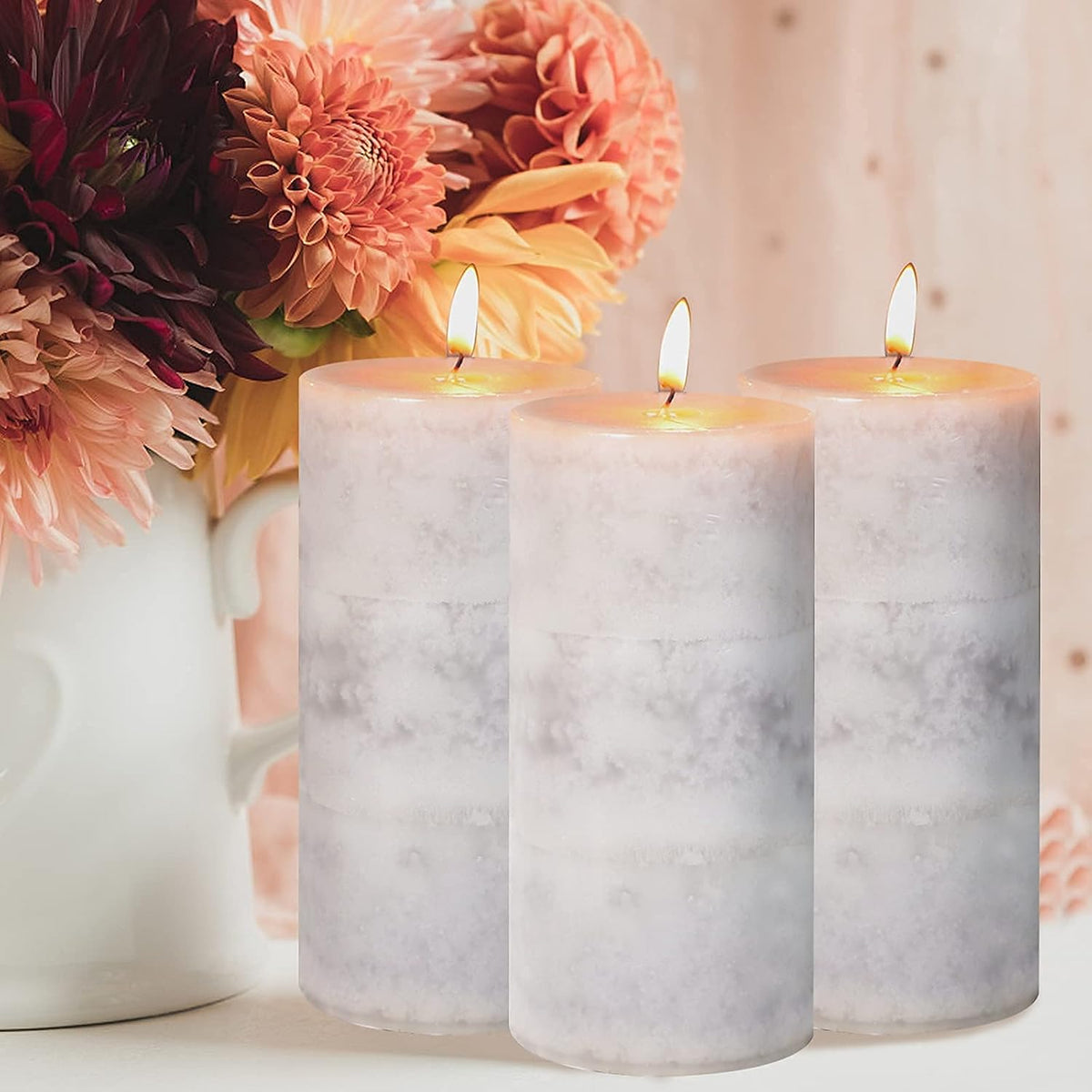 3x6 inch Pillar Candles Cozy Cotton Scented Set of 3 Gray White Layered Mottled Aromatherapy Candles for Weddings Home Wall Shelf Decorations Yoga Spa Dinner Table