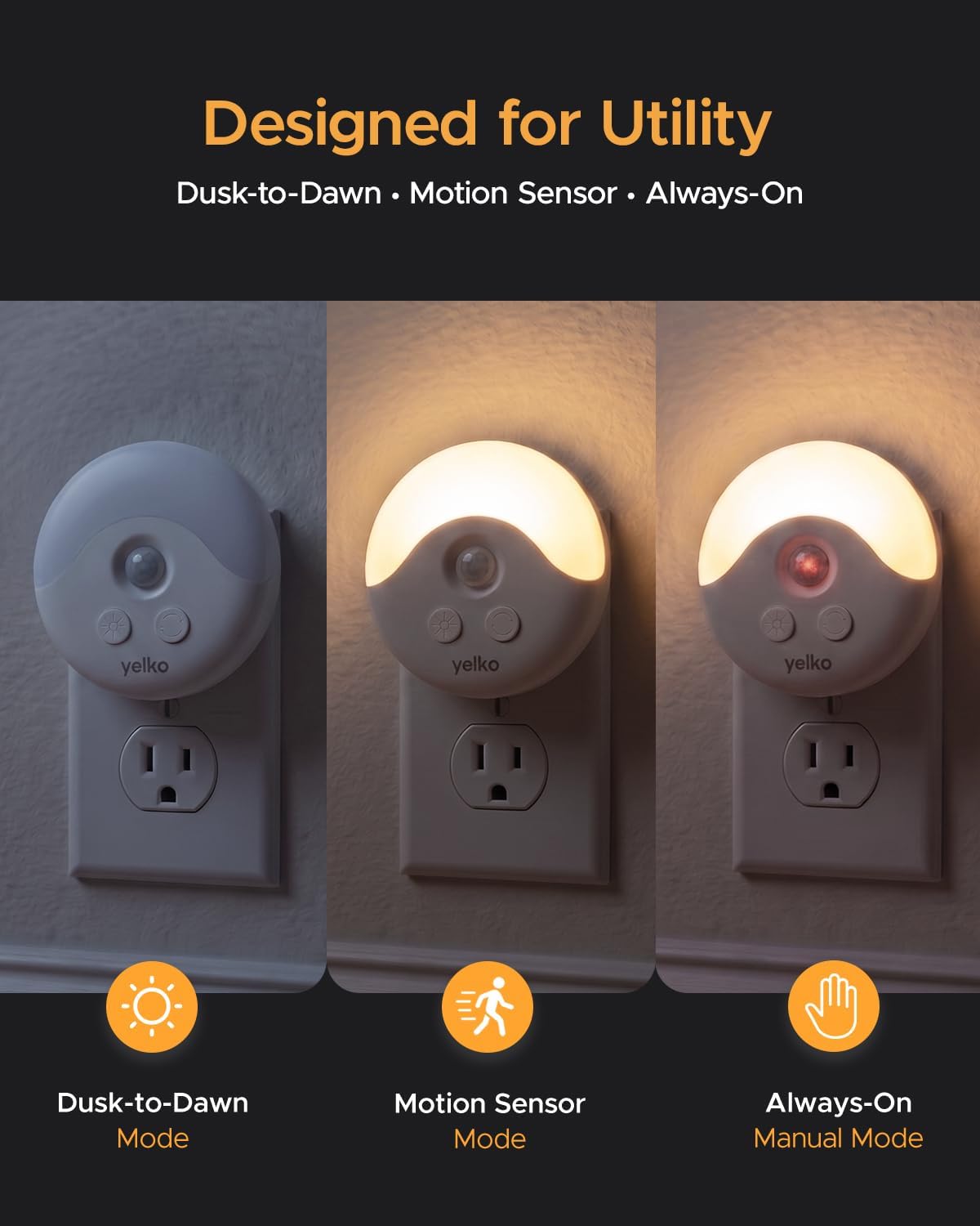 YELKO Plug-in LED Night Light, Motion & Dusk to Dawn Sensor Lights, 2Pack
