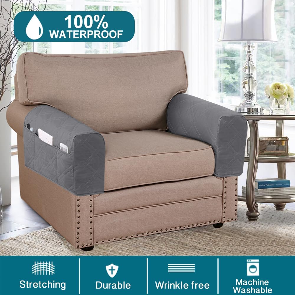 2-Pack Waterproof Armrest Covers for Couches & Chairs – Anti-Slip Furniture Protectors with Side Pockets, Washable Sofa Arm Covers, Universal Stretch Fit (Fits Most Armrests) (Dove)